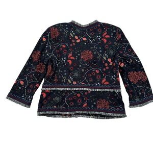 LOFT Floral Fringed Trim Open Front 3/4 Sleeve Jacket Strawberries Bohemian Chic
